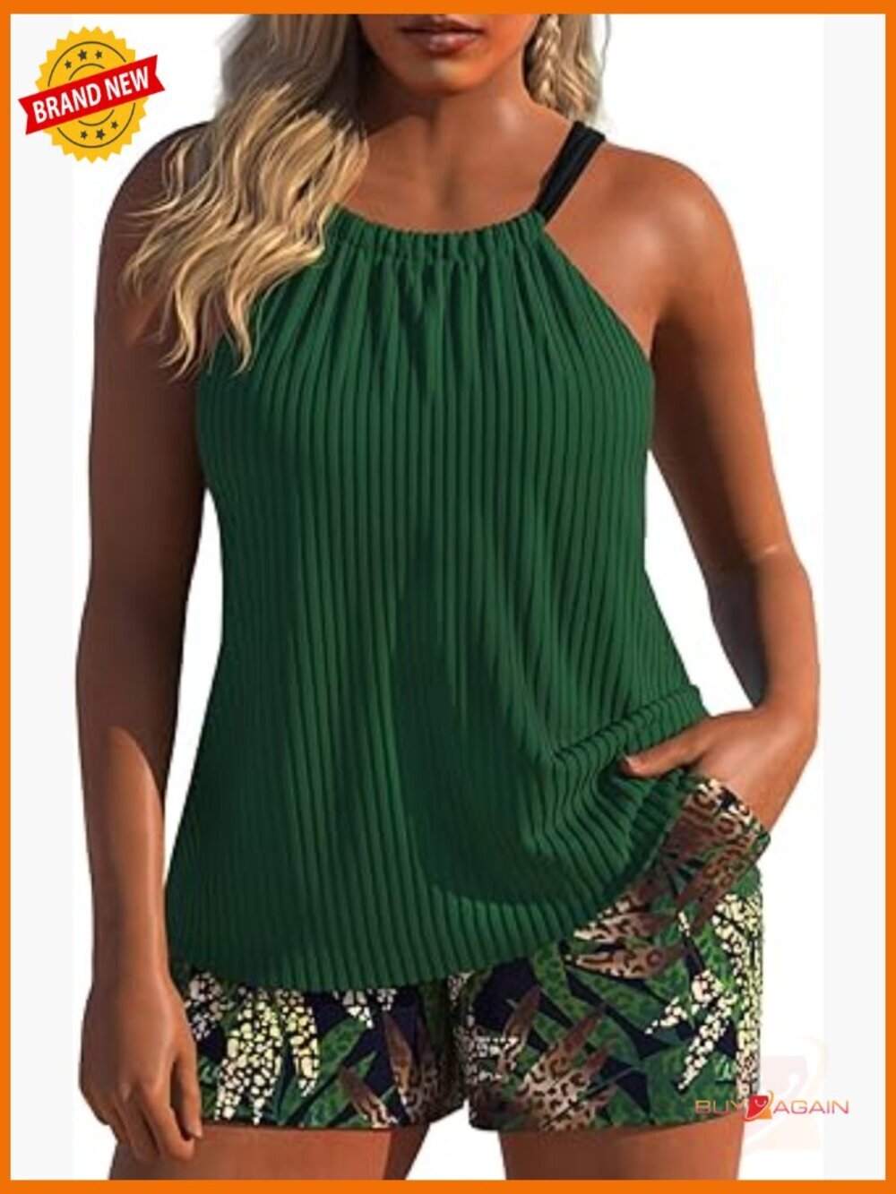 Ruched Round Neck Tankini Set with Board Shorts, Sleeveless Tank Top,